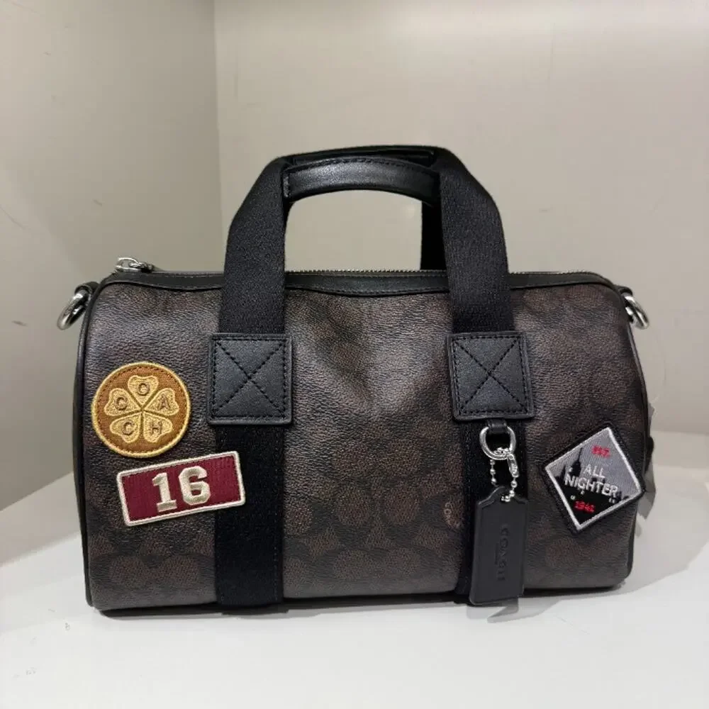 Coach Explorer Duffle Bag 28 In Signature Canvas With Patches CGA26 Walnut/Black